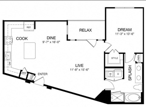 Floor plan for 1 bed, 1 bath, 959 sqft