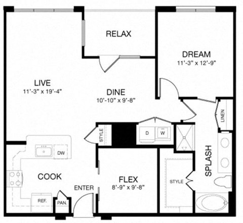 Floor plan for 1 bed, 1 bath, 1000 sqft