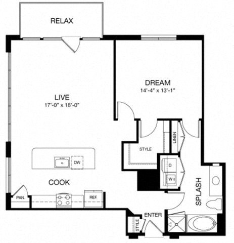 Floor plan for 1 bed, 1 bath, 1034 sqft
