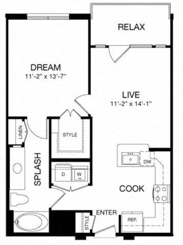 Floor plan for 1 bed, 1 bath, 687 sqft