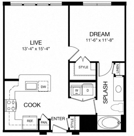 Floor plan for 1 bed, 1 bath, 702 sqft