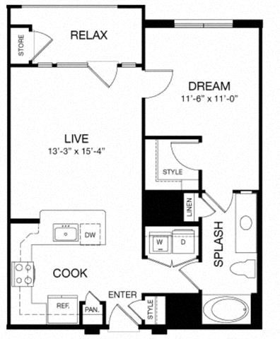 Floor plan for 1 bed, 1 bath, 740 sqft
