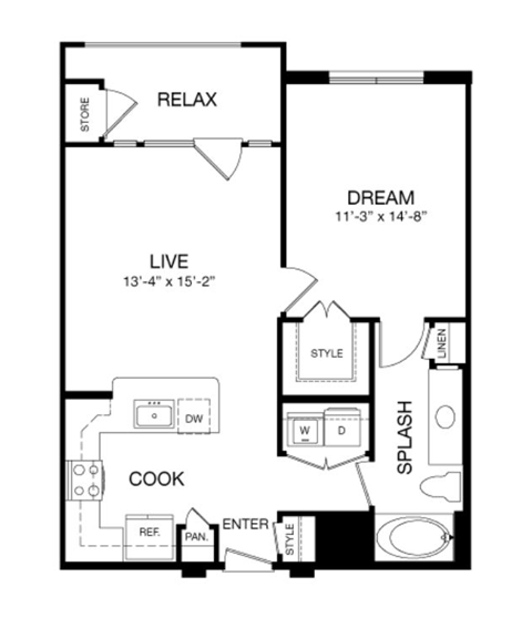 Floor plan for 1 bed, 1 bath, 750 sqft