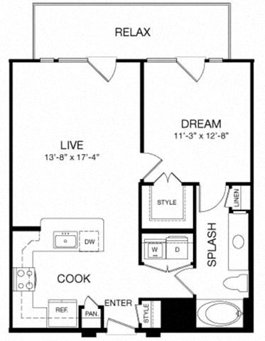 Floor plan for 1 bed, 1 bath, 754 sqft