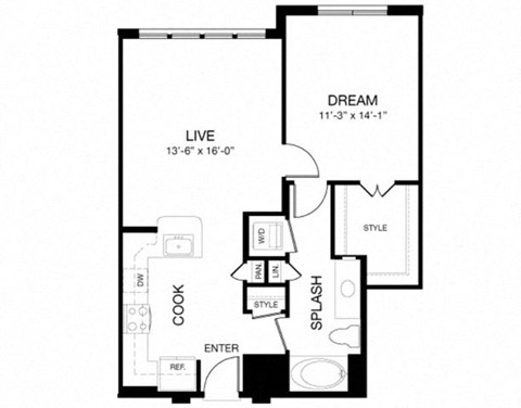 Floor plan for 1 bed, 1 bath, 785 sqft