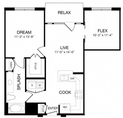 Floor plan for 1 bed, 1 bath, 818 sqft