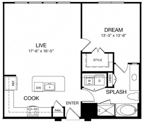 Floor plan for 1 bed, 1 bath, 864 sqft