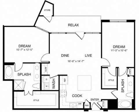 Floor plan for 2 beds, 2 baths, 1303 sqft