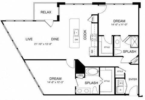 Floor plan for 2 beds, 2 baths, 1309 sqft