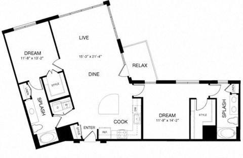 Floor plan for 2 beds, 2 baths, 1318 sqft