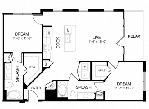 Floor plan for 2 beds, 2 baths, 1094 sqft