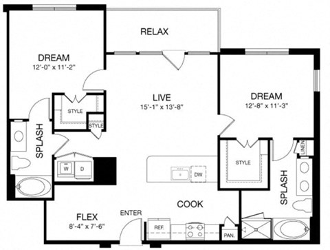 Floor plan for 2 beds, 2 baths, 1143 sqft