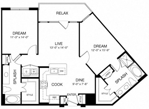 Floor plan for 2 beds, 2 baths, 1146 sqft
