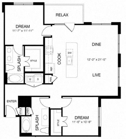 Floor plan for 2 beds, 2 baths, 1162 sqft