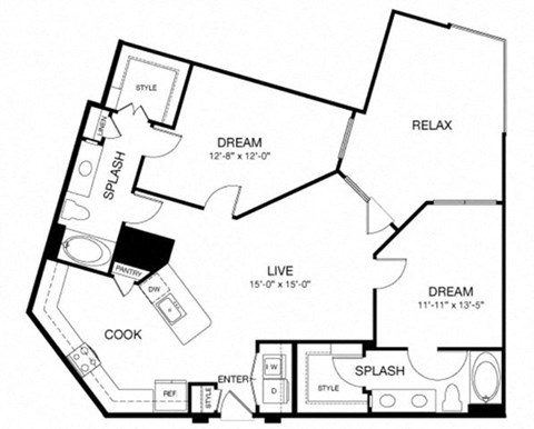 Floor plan for 2 beds, 2 baths, 1175 sqft