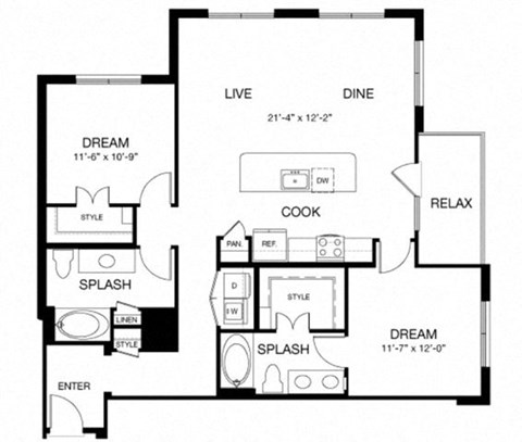 Floor plan for 2 beds, 2 baths, 1210 sqft