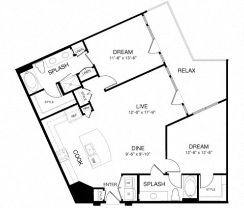 Floor plan for 2 beds, 2 baths, 1250 sqft