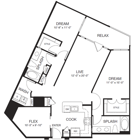 Floor plan for 2 beds, 2 baths, 1297 sqft