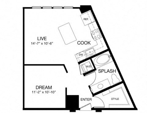 Floor plan for studio, 1 bath, 653 sqft
