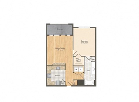 Floor plan for 1 bed, 1 bath, 751 sqft