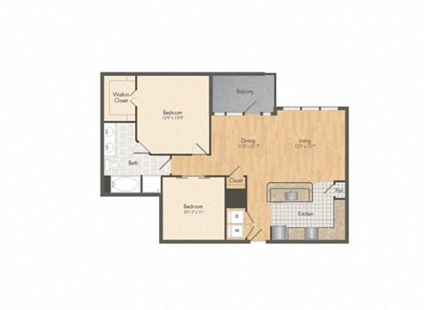 Floor plan for 1 bed, 1 bath, 1065 sqft
