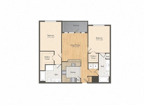 Floor plan for 2 beds, 2 baths, 1124 sqft