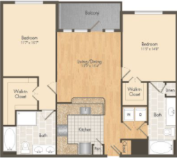 Floor plan for 2 beds, 2 baths, 1149 sqft