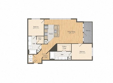 Floor plan for 2 beds, 2 baths, 1197 sqft