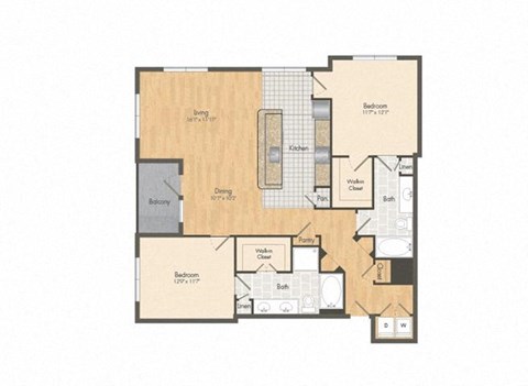 Floor plan for 2 beds, 2 baths, 1317 sqft