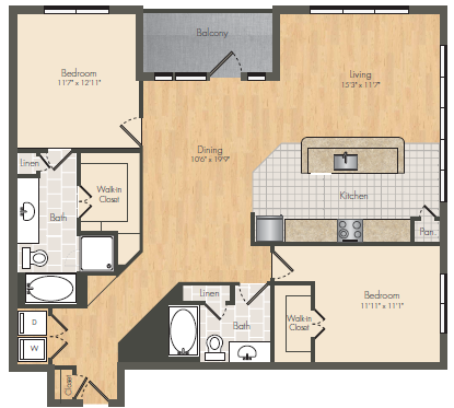 Floor plan for 2 beds, 2 baths, 1350 sqft