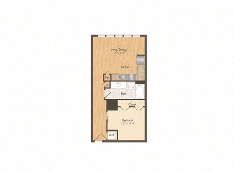 Floor plan for studio, 1 bath, 630 sqft