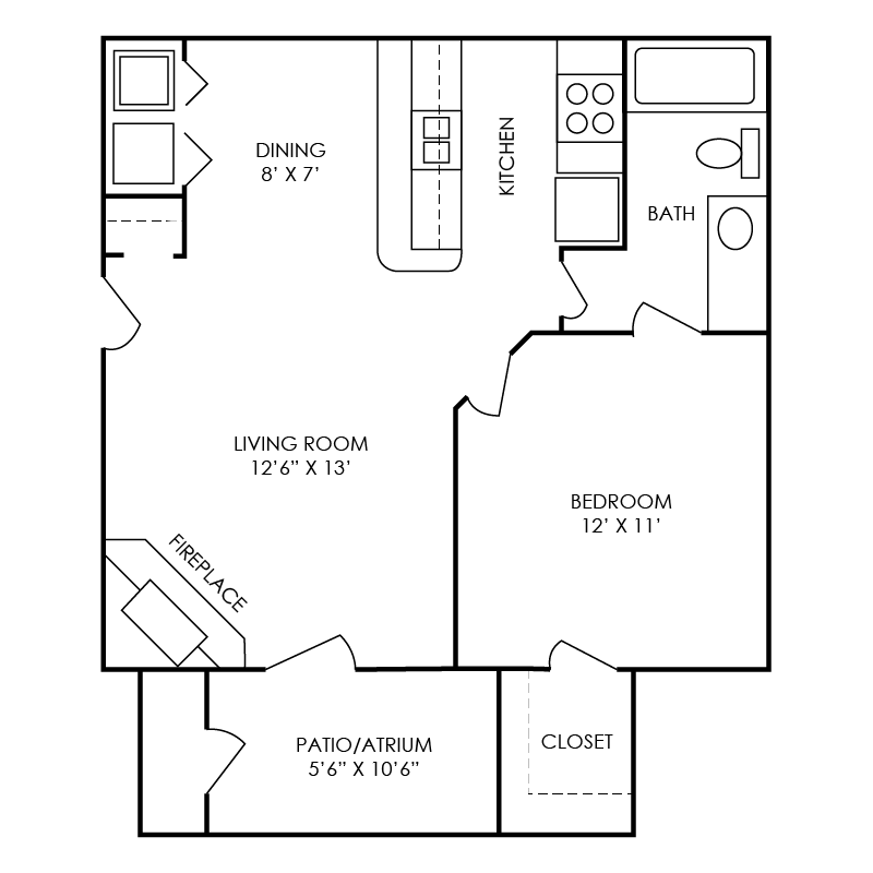 Floor plan for 1 bed, 1 bath, 695 sqft