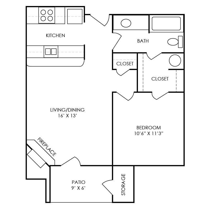 Floor plan for 1 bed, 1 bath, 600 sqft