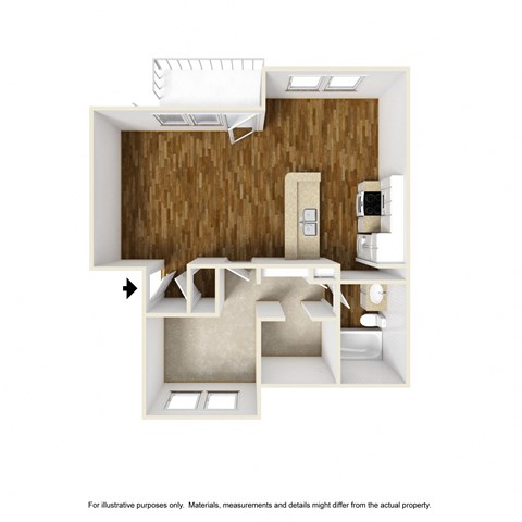 Floor plan for 1 bed, 1 bath, 670 sqft