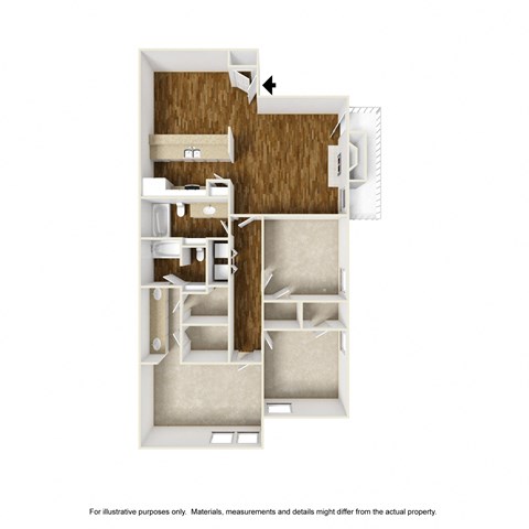 Floor plan for 3 beds, 2 baths, 1382 sqft
