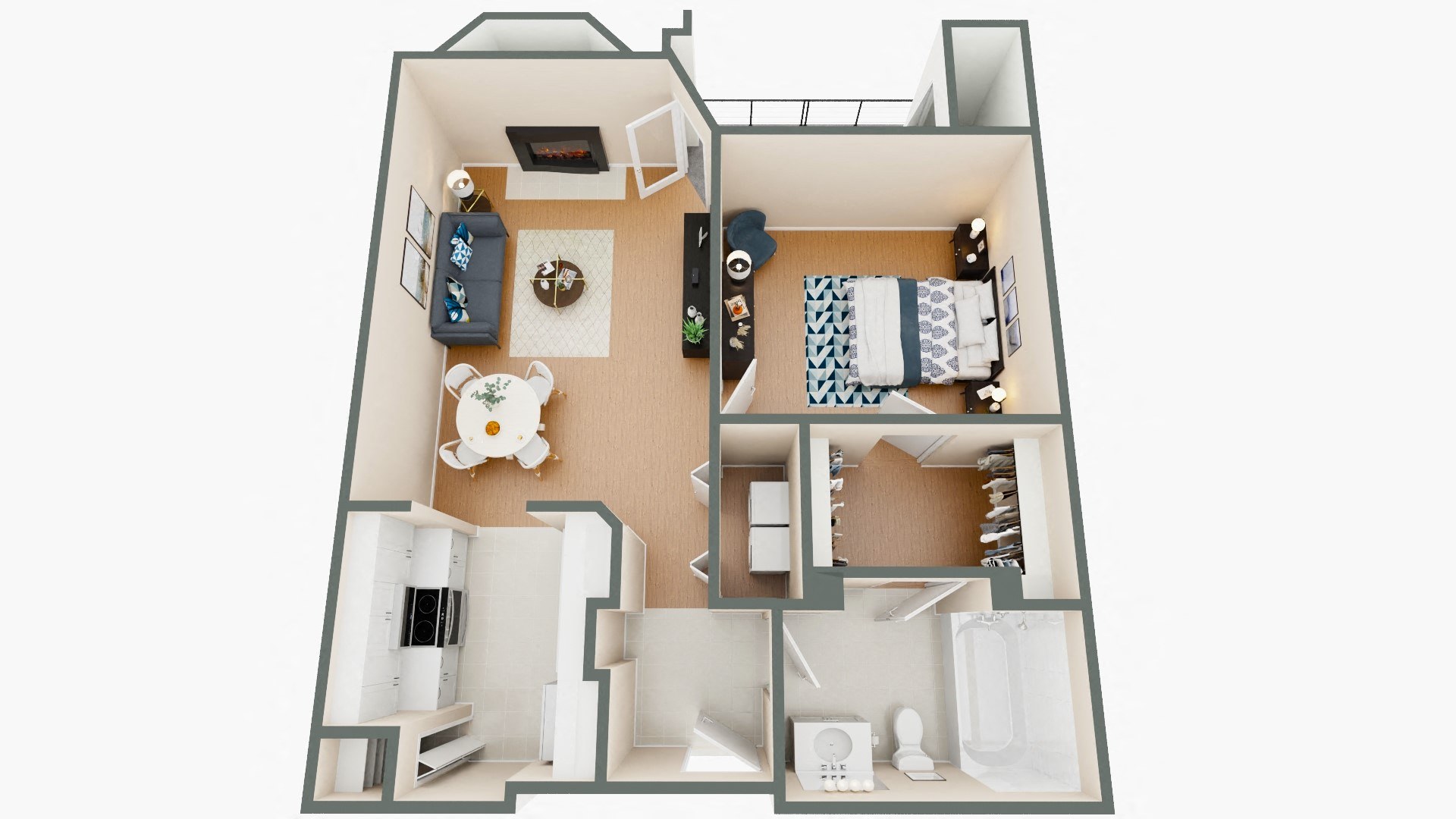 Floor plan for 1 bed, 1 bath, 671 sqft