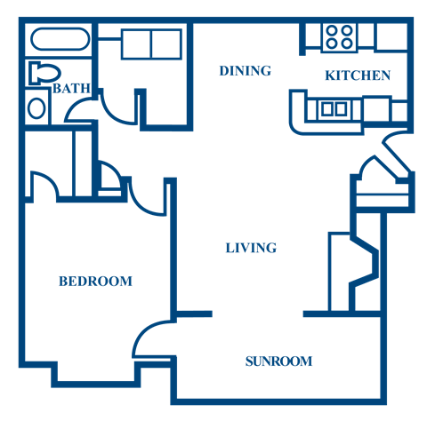 Floor plan for 1 bed, 1 bath, 810 sqft