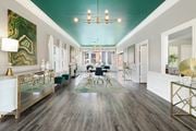 Houston apartment for rent - a living room with a teal ceiling and white walls