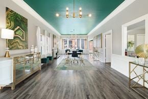 Houston apartment for rent - a living room with a teal ceiling and white walls