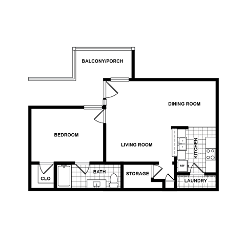 Floor plan for 1 bed, 1 bath, 760 sqft