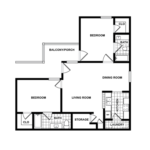 Floor plan for 2 beds, 2 baths, 1010 sqft