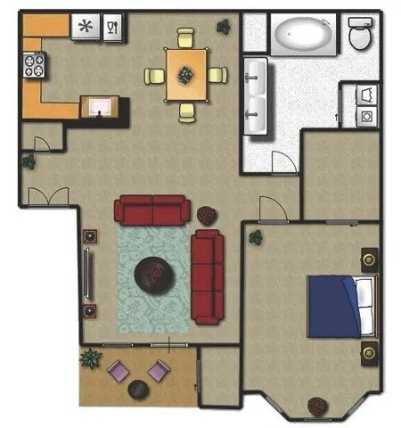 Floor plan for 1 bed, 1 bath, 800 sqft