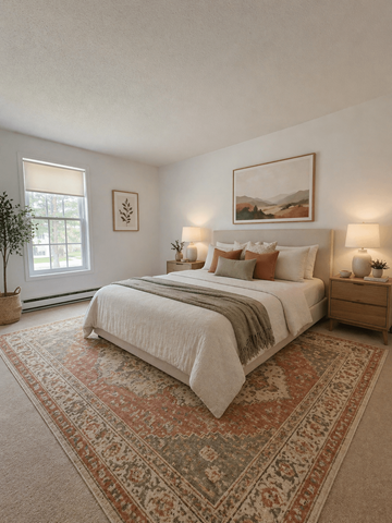Concord apartment for rent - A bedroom with a large bed and a rug on the floor.
