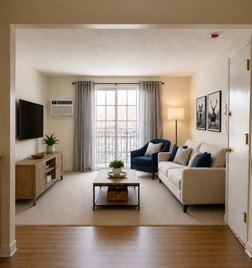 Concord apartment for rent - A living room with a blue chair and a white couch.