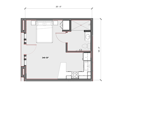 Floor plan for studio, 1 bath, 340 sqft