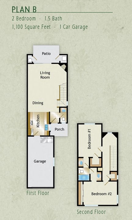 Floor plan for 2 beds, 1.5 baths, 1100 sqft