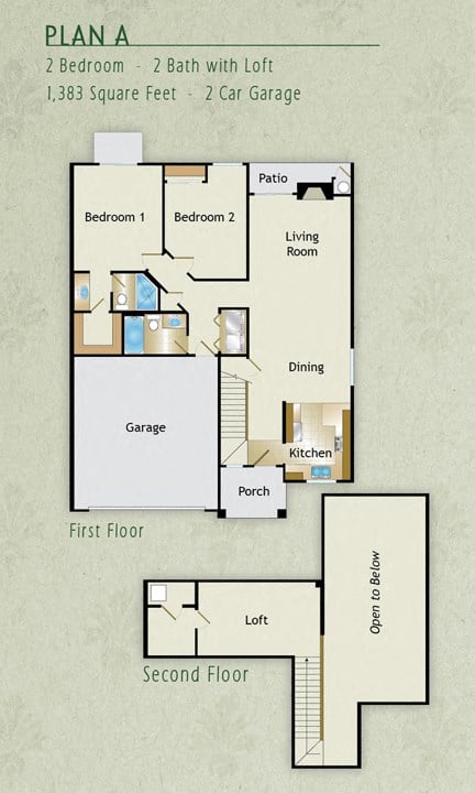 Floor plan for 2 beds, 2 baths, 1383 sqft