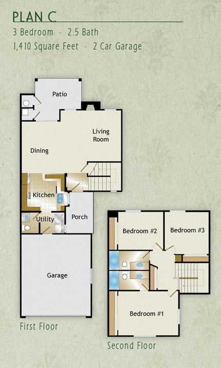Floor plan for 3 beds, 2 baths, 1410 sqft