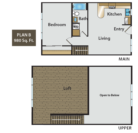 Floor plan for 1 bed, 1 bath, 980 sqft