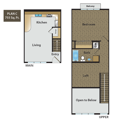Floor plan for 1 bed, 1 bath, 755 sqft